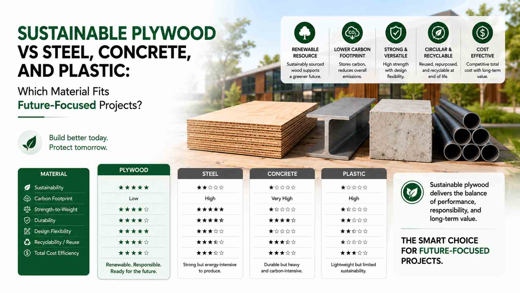 Sustainable Plywood vs Steel, Concrete, and Plastic: Which Material Fits Future-Focused Projects?