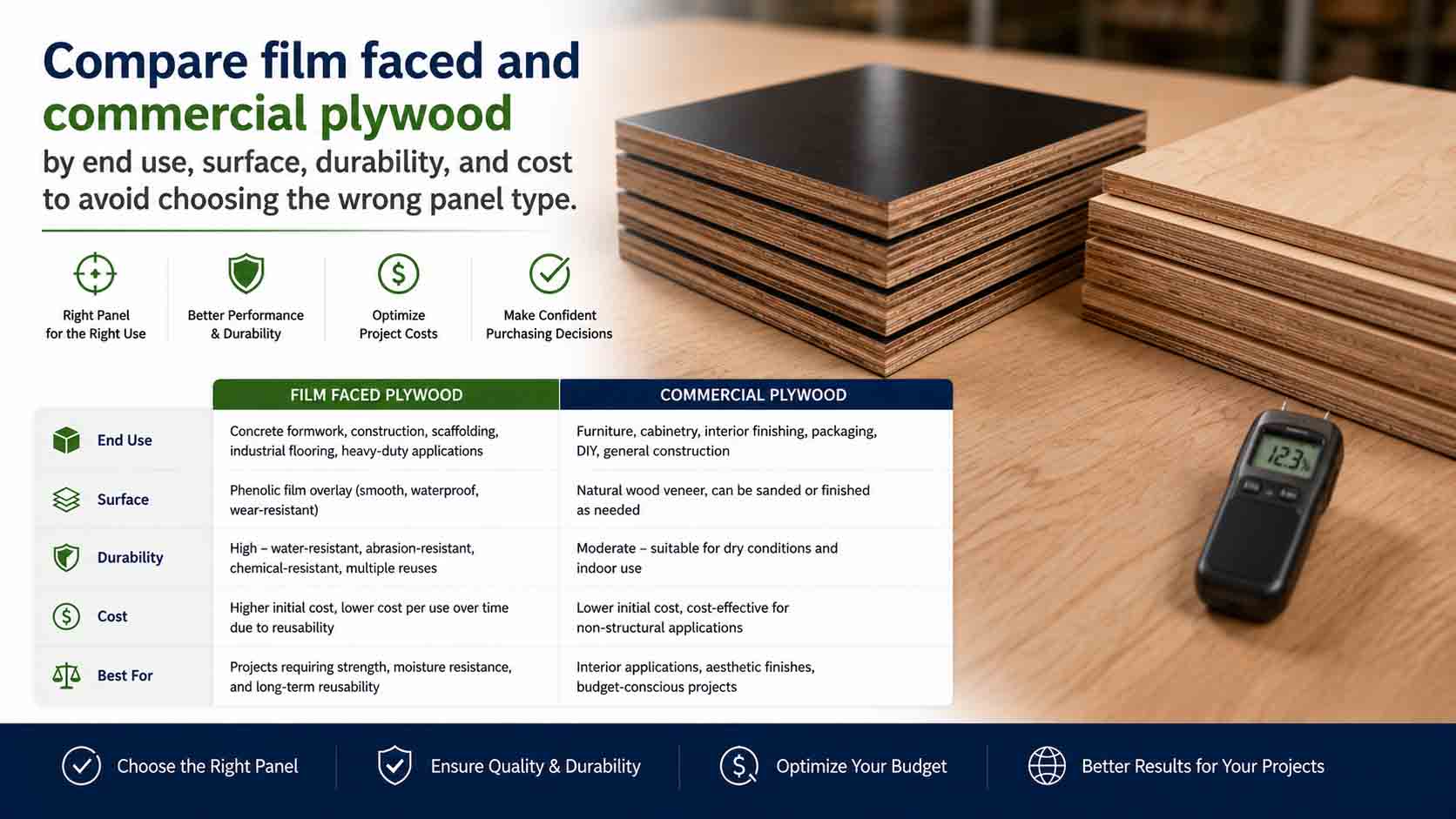 Compare film faced and commercial plywood by end use, surface, durability, and cost to avoid choosing the wrong panel type.