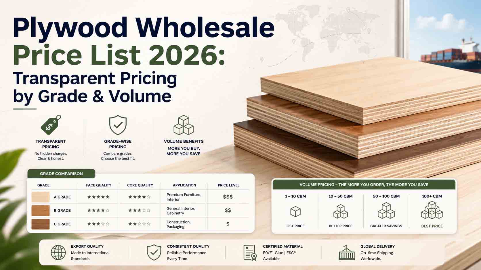  Plywood Wholesale Price List 2026: Transparent Pricing by Grade & Volume
